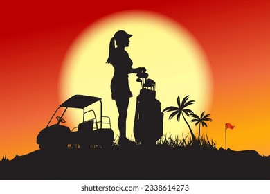 Female golfer silhouette vector illustration with evening golf course.