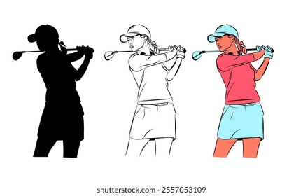 A female golfer in three different styles: silhouette, line art, and color. She is in a powerful swing position, showcasing her athleticism and determination.