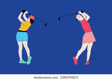 Female golfers collection. Golf Player set. People playing golf in trendy flat style isolated on blue background, symbol for your website design, logo, app, various publications