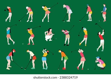 Female golfers color collection. Golf Player set. People playing golf in trendy flat style isolated ongreenbackground, symbol for your website design, logo, app, various publications