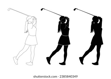 Female golfers silhouette collection. Golf Player set. People playing golf in trendy flat style isolated on white background, symbol for your website design, logo, app, various publications