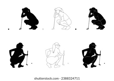Female golfers silhouette collection. Golf Player set. People playing golf in trendy flat style isolated on white background, symbol for your website design, logo, app, various publications