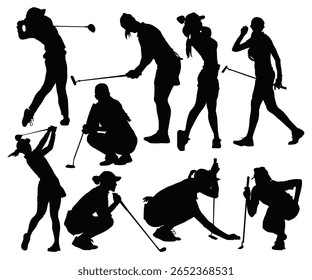 Female golfers silhouette collection. Golf, Golfing Woman Golfer Swing Golf Ball, Vintage Collection Vector Hand-Drawn Illustration Set. A set of golfer sports people playing golf in various poses.