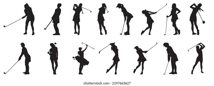 Female golfers silhouettes collection.Golf Player set.People playing golf.
