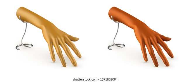 Female graceful hands on a stand. Plastic mannequins of gold and bronze color. Vector 3d realistic illustration isolated on white background.