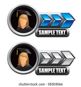 female graduate blue and white arrow nameplates