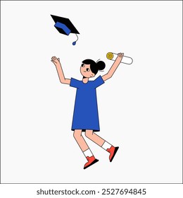 Female graduate celebrating with diploma and cap in flat vector illustration symbolizing education, success, and achievement, isolated on white background.