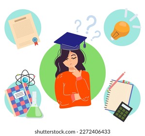 Female graduate choosing career path vector illustration. Diploma, notes, chemistry equipment on white background. Reducing importance of education, immediate college enrollment concept