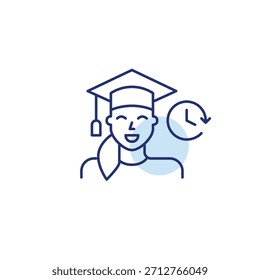 Graduada femenina y reloj. Horario de estudio, fecha límite del curso. Icono de Vector de trazo perfecto y editable