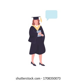 Female Graduate Flat Color Vector Faceless Character. Student In Graduation Clothes Talking. Person With Speech Bubble Isolated Cartoon Illustration For Web Graphic Design And Animation