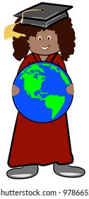 female graduate holding the globe in her hands - vector