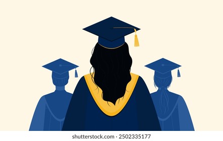 Female graduate with long hair in blue academic gown and graduation cap view from the back. Group of Graduates silhouette. Graduation ceremony. Vector illustration.