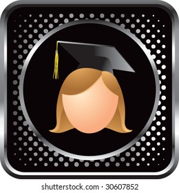 female graduate on black halftone web button