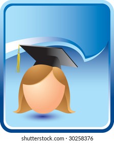 female graduate on blue rip curl background