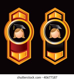 female graduate on vertical orange arrows