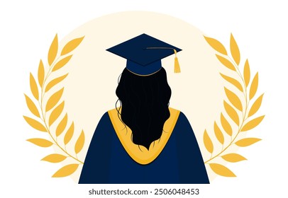 Female graduate portrait with long hair view from the back. Young woman in blue graduation gown, cap and laurel wreath. Design element for avatar, card, post, banner, flyer, scrapbooking.