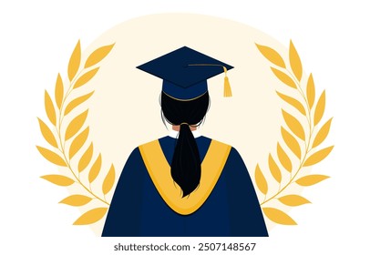 Female graduate portrait view from the back. Young woman in blue graduation gown, cap and laurel wreath. College or university ceremony. Design element for avatar, card, post, banner, scrapbooking.