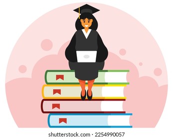 Female graduate sits on a stack of huge books with a laptop on her lap. Education concept. Vector graphics