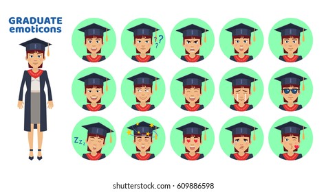 Female graduate student emoticons. Graduate student emojis showing different facial expressions. Happy, sad, surprised, serious, in love, sleepy, dazed and other emotions. Simple vector illustration