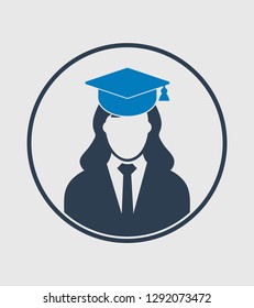Female graduate student profile icon with gown and cap. Flat style vector EPS.