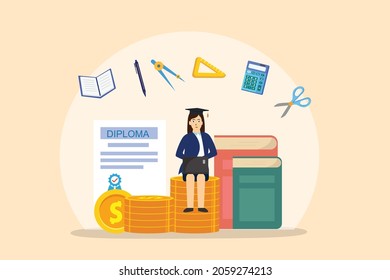 Female graduate student using laptop while sitting on the pile of money with diploma background