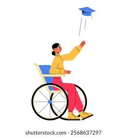 Female Graduate Throwing Cap From Wheelchair In Flat Vector Illustration Symbolizing Inclusion, Education, And Celebration, Isolated On White Background.