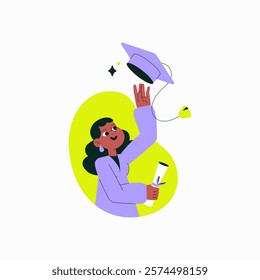 Female Graduate Throwing Graduation Cap In Flat Vector Illustration Symbolizing Success, Celebration, And Achievement, Isolated On White Background