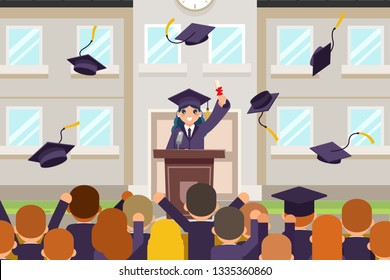 Female graduate tribune speech crowd students celebrate rejoice flying graduation hats solemn flat character design vector illustration