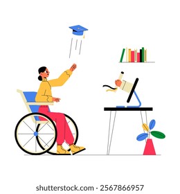 Female Graduate In Wheelchair Throwing Cap While Celebrating Online Graduation Ceremony Flat Vector Illustration Symbolizing Success, Achievement, And Inclusion, Isolated On White Background