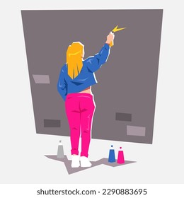 female graffiti artist, mural painter paint on brick wall with spray paint. creative occupation. back view. flat vector illustration.