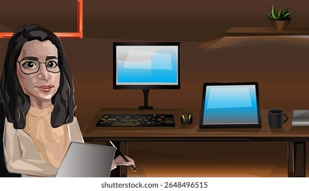designer gráfico feminino na frente da mesa do PC