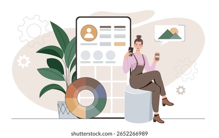 Designer gráfico feminino segurando smartphone e xícara de café, sentado perto da interface UI, roda de cores e planta. Ilustração vetorial no plano de fundo abstrato