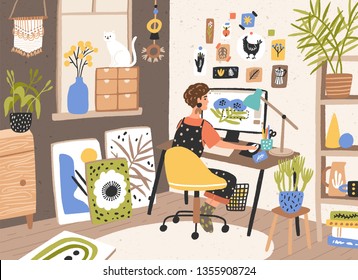 Female Graphic Designer, Illustrator Or Freelance Worker Sitting At Desk And Work On Computer At Home. Creativity Process, Creative Workplace. Modern Vector Illustration In Flat Cartoon Style.