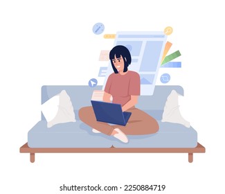 Female graphic designer sitting on couch semi flat color vector character. Editable figure. Full body person on white. Simple cartoon style illustration for web graphic design and animation