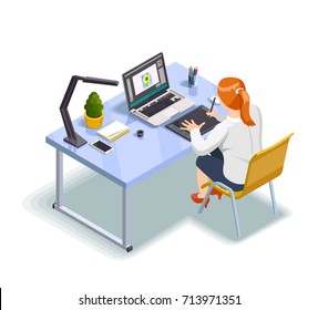 Female Graphic Designer Working At Her Project 3d Isometric Vector Illustration