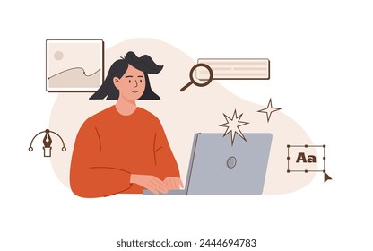 Female graphic designer working on a computer. Creative digital illustrator at work doing research and drawing at graphic editor. Woman freelancer working on her laptop. Vector isolated illustration.