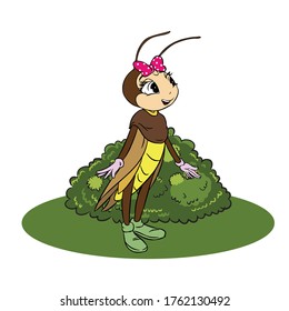 female grasshopper on the grass hand draw vector illustration