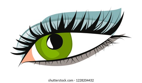 Female green eye with black long eyelashes and makeup. Vector illustration