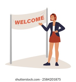 Female Greeter Standing Next To Welcome Banner, Flat Vector Illustration Symbolizing Hospitality, Event Reception, And Warm Welcome, Isolated On White Background