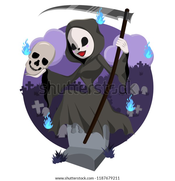 Female Grim Reaper Sit Tombstone Stock Vector Royalty Free