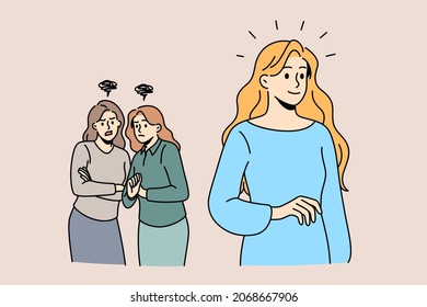 Female group chatting gossip concept. Two interested girls friends standing discussing walking by blonde lady vector illustration 