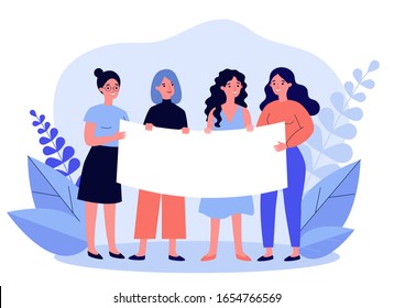 Female group gathering for protest. Woman standing together and holding blank banner with copy space. Vector illustration for fight, movement, feminism, activism concept