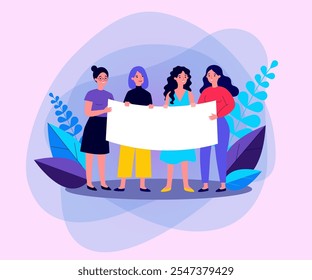 Grupo feminino em manifestação. Mulher de pé e segurando banner em branco com espaço de cópia. Ilustração vetorial para luta, movimento, feminismo, conceito de ativismo