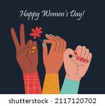 Female group. Women's hands set. Fist raised up. Girl Power. Feminism. Postcard or poster print design. Vector illustration