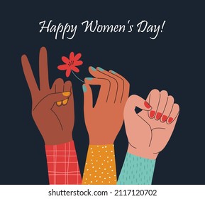 Female group. Women's hands set. Fist raised up. Girl Power. Feminism. Postcard or poster print design. Vector illustration