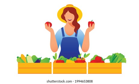 Female Grower Is Selling Fresh Vegetables At The Marketplace. Organic Local Agricultural Products In Farmer Market. Young Pretty Farmer In Apron Invites You To Make Purchase. Modern Illustration.