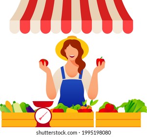 Female grower is selling fresh vegetables at the marketplace. Local Vegetables Shop with agricultural products. Young pretty farmer in apron invites you to make purchase. Modern vector illustration.