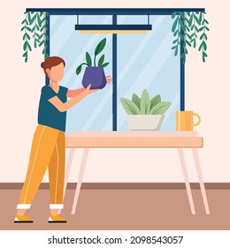 Female growing plants for home decoration. All things green. Earth day.  Vector colorful illustration.
