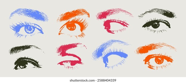 Female grunge eyes. Trendy vector pieces. Creative collage for social media, card, print on clothes. 