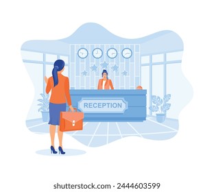 A female guest with a briefcase was standing in the lobby. The receptionist serves guests in a friendly manner. Hotel Receptionist concept. Flat vector illustration.